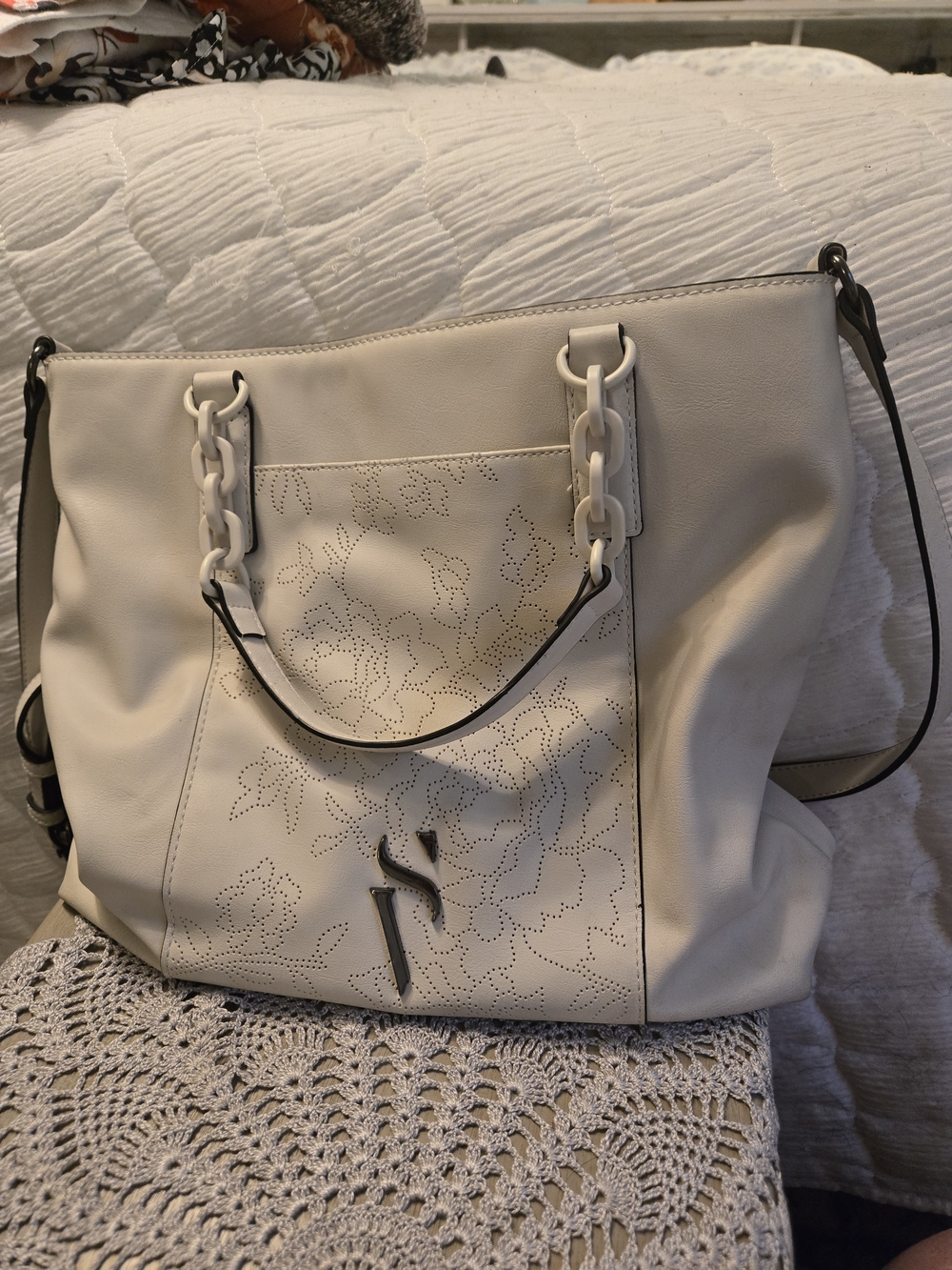 Simply Vera Wang Women's Cream Tote Bag with Floral Perforation